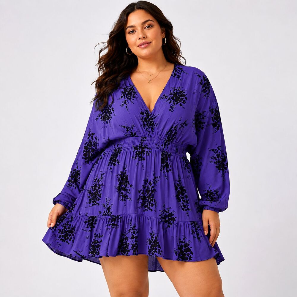 Zara Floral V Neck Mini Dress XXL Purple Black Long Sleeve Ruffle Boho Festival